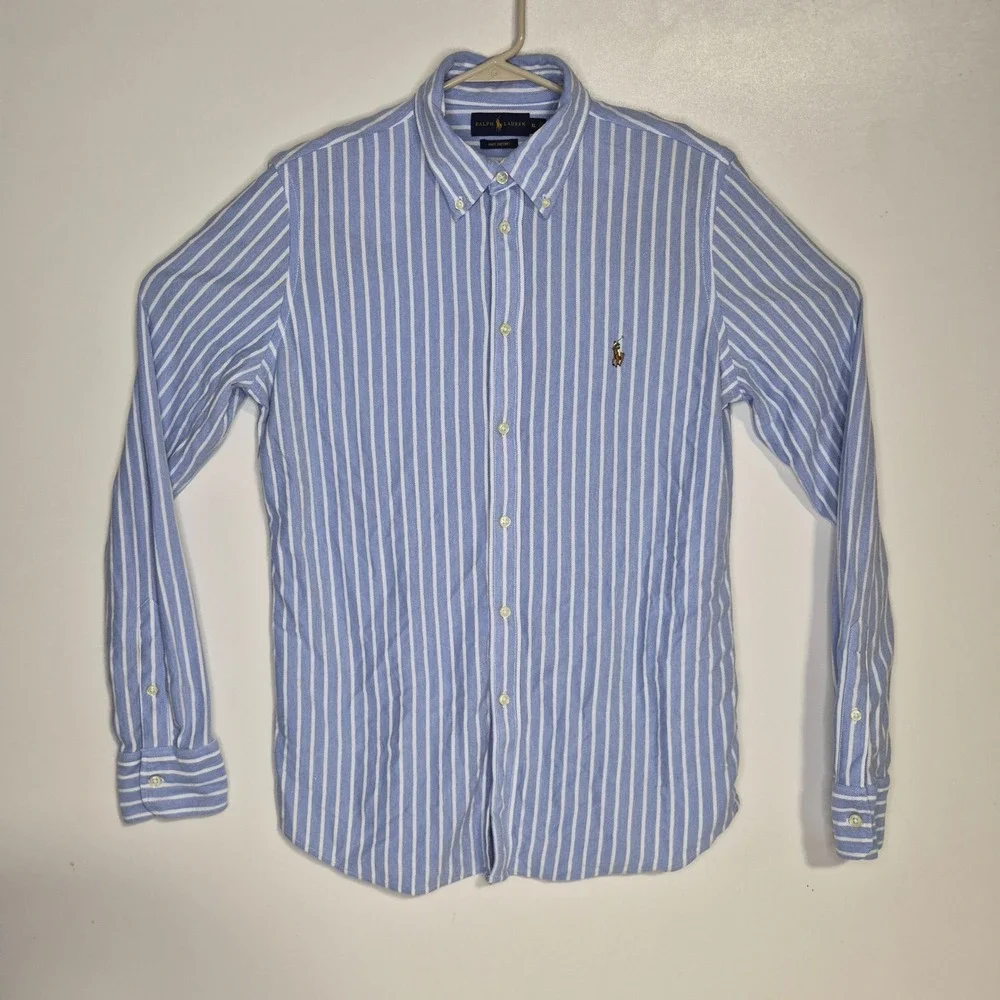 Ralph Lauren Button Down Shirt Mens XL Blue Striped Knit Oxford Long Sleeve Pony - Picture 2 of 9